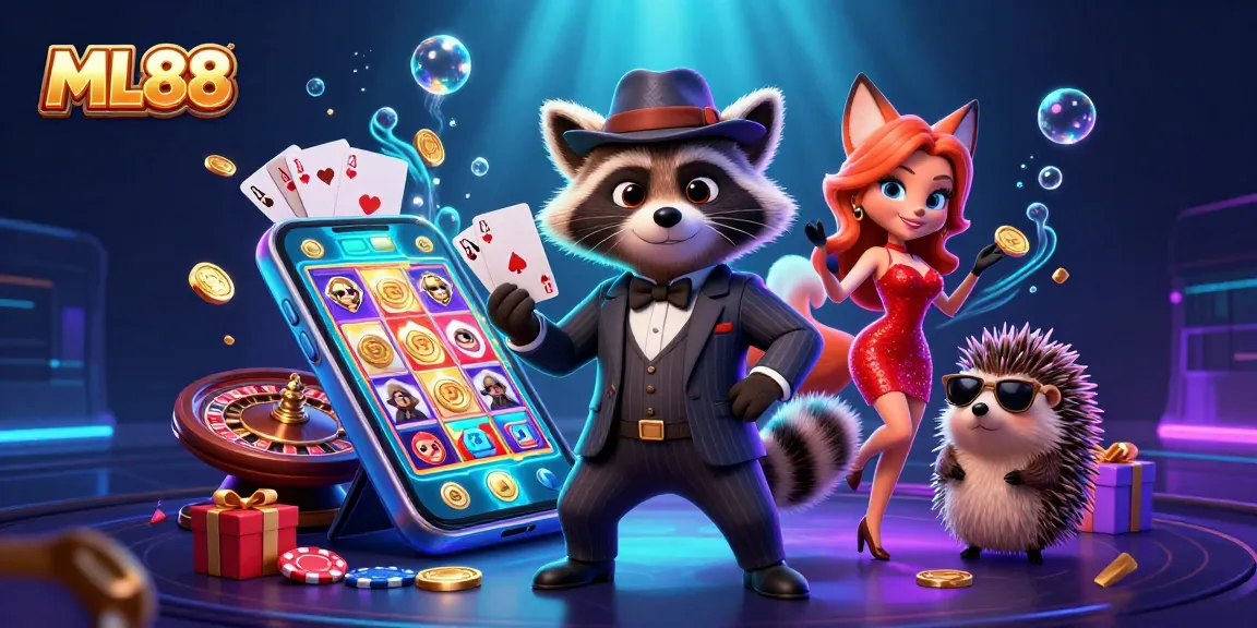ML88 players enjoying a vibrant casino experience with a raccoon, fox, and hedgehog surrounded by gaming elements.