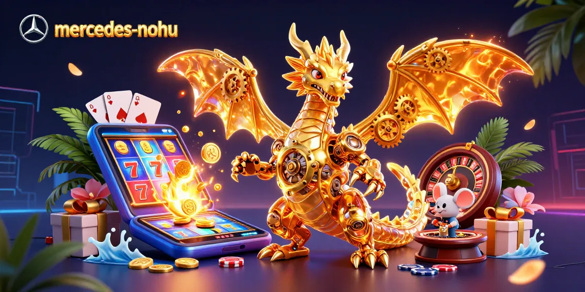 Play thrilling slot games with mercedes-nohu as a golden dragon and mouse engineer interact among vibrant casino elements.