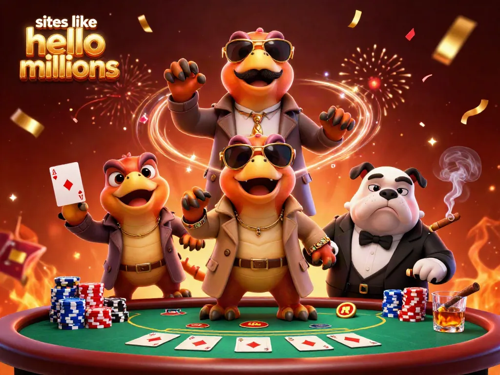 Experience excitement with sites like hello millions at a vibrant casino scene featuring raptors and a bulldog bouncer.