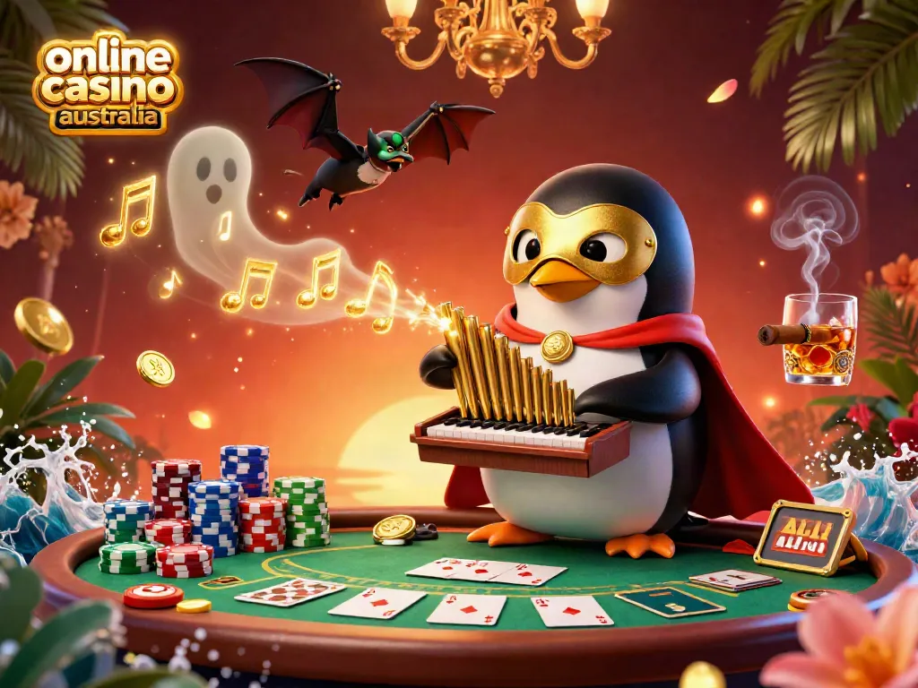 Engaging scene of a penguin playing in an online casino australia, vibrant poker elements with golden coins.