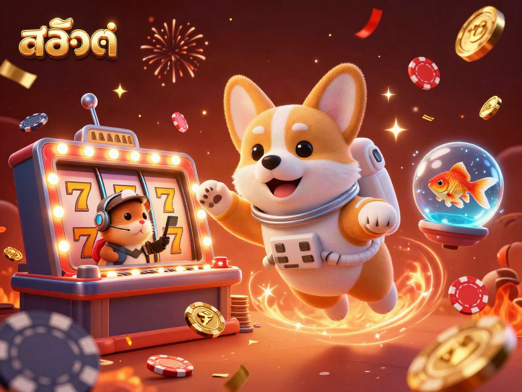 Experience thrilling สล็อต gameplay with an astronaut corgi, hamster control, and goldfish in a vibrant casino.