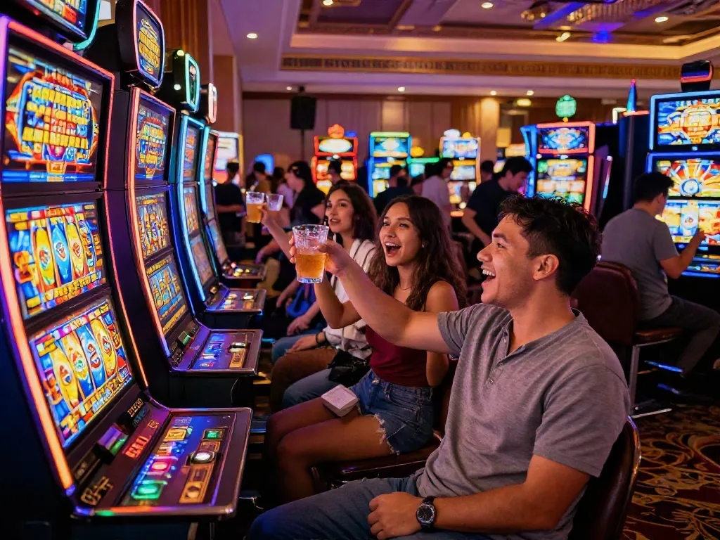 Friends enjoying a thrilling experience at slot gacor machines in a vibrant casino setting.
