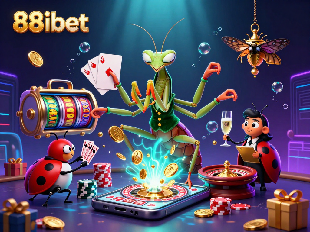 88ibet showcases vibrant casino action with a giant praying mantis card sharp and exciting game elements.