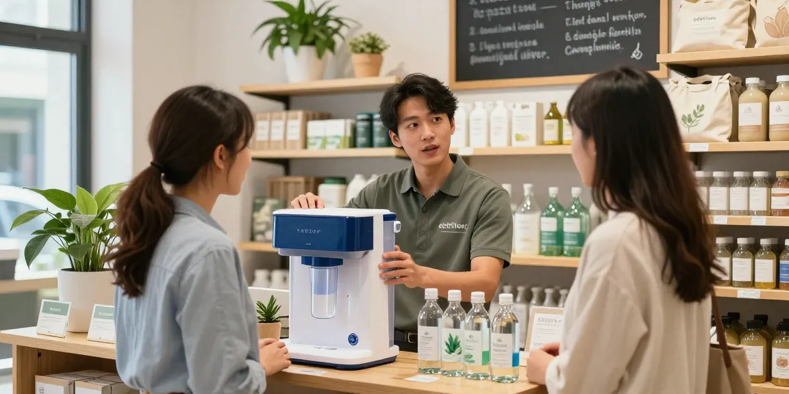 Eco-friendly shopping experience featuring ebbfilter.com products and a sales associate demonstrating a water filtration system.