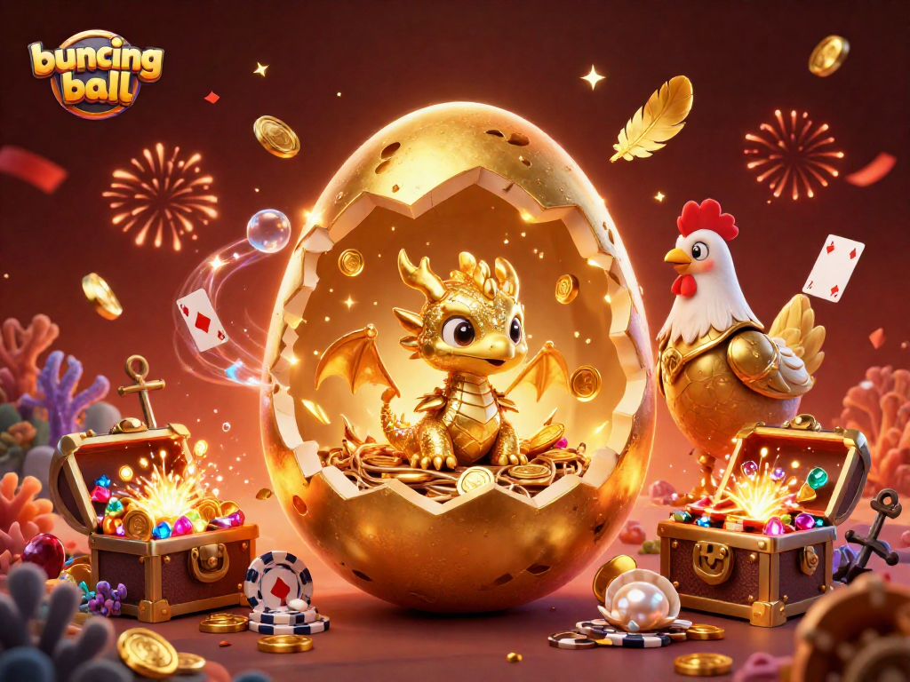 Bouncing ball enters a thrilling casino adventure with golden dragon and poker chips.