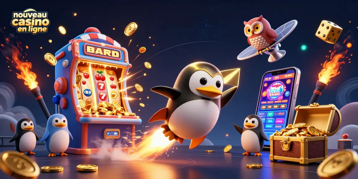 Illustration dynamique d'un nouveau casino en ligne avec un pingouin doré volant vers une station spatiale.