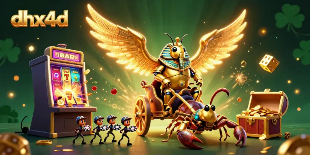 DHX4D menampilkan visual kasino interaktif dengan scarab emas dan elemen permainan menarik.
