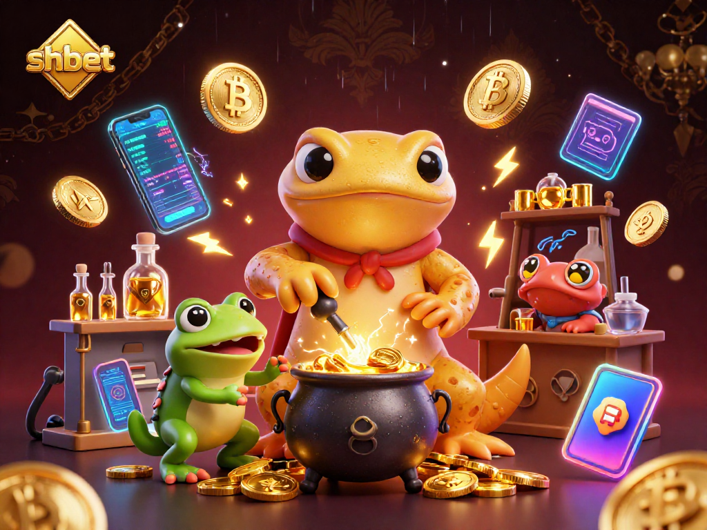 Experience thrilling gaming with shbet in a lively 3D casino scene filled with gold and crypto.