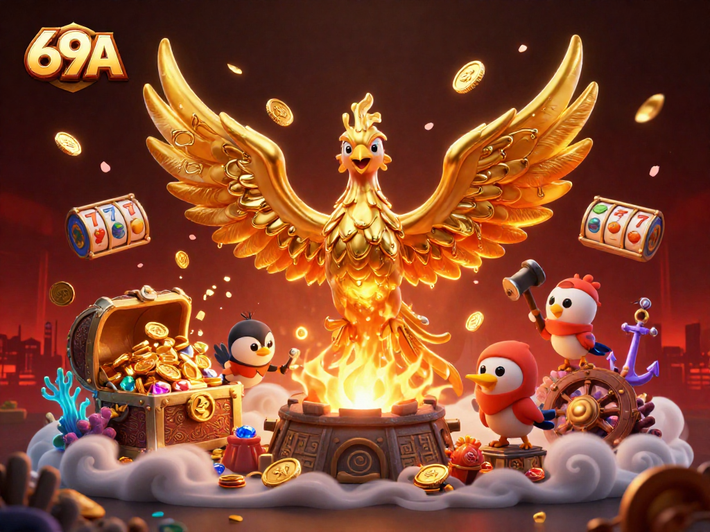 69A conquista jackpots emocionantes em um cassino vibrante com um fênix dourado.