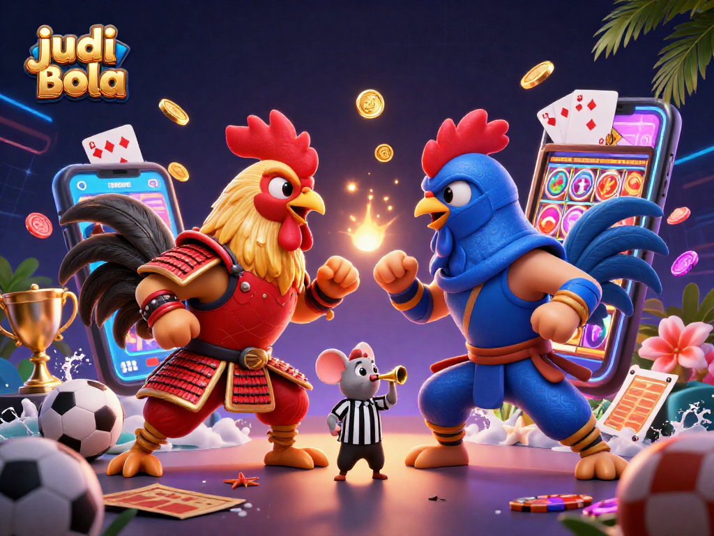 Experience judi bola excitement with roosters and betting elements in this vibrant scene.