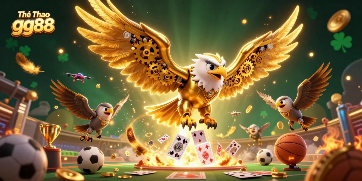 Engage in thrilling actions with Thể Thao gg88, featuring a dynamic 3D cybernetic eagle amidst sports betting excitement.
