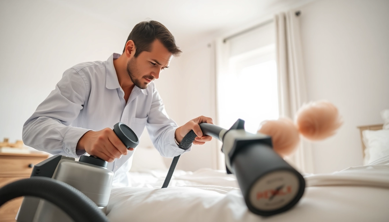Efficient bed bug removal process demonstrated by a pest control professional.