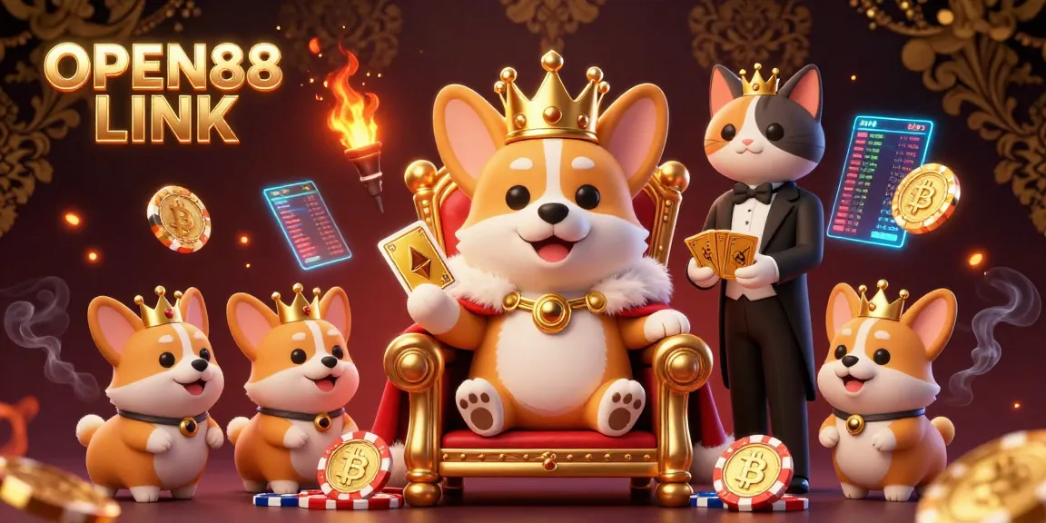 Engage with the OPEN88 LINK crypto casino world featuring a royal corgi throne scene packed with dynamic casino elements.