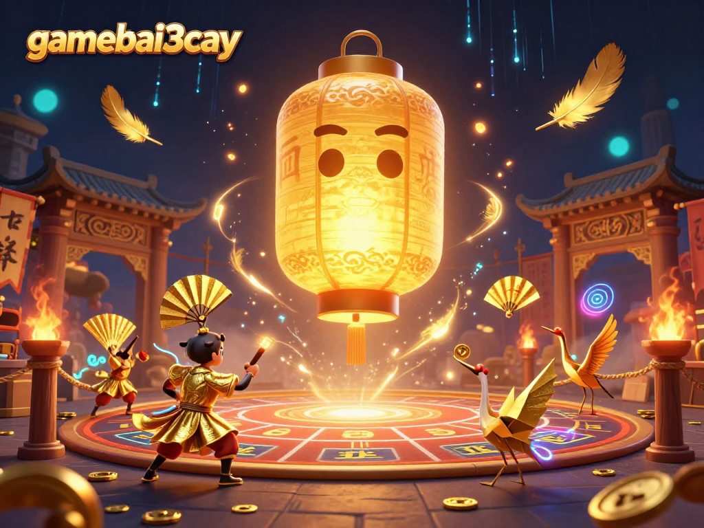 Engage with gamebai3cay featuring a giant glowing spirit amidst a vibrant night market casino.
