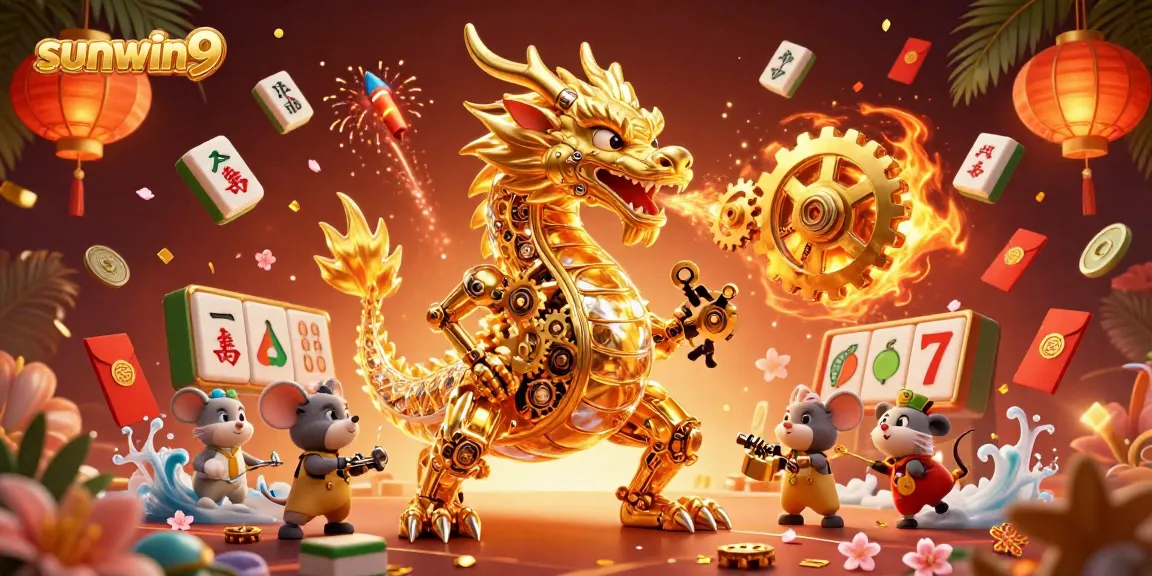 Experience the thrill of sunwin9 with a golden dragon and casino elements in this vibrant illustration.