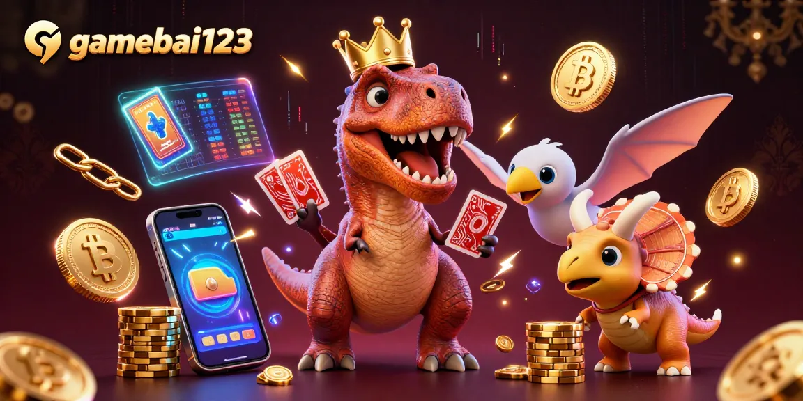 Experience engaging gameplay with gamebai123 as our friendly T-Rex shuffles cards surrounded by crypto elements.