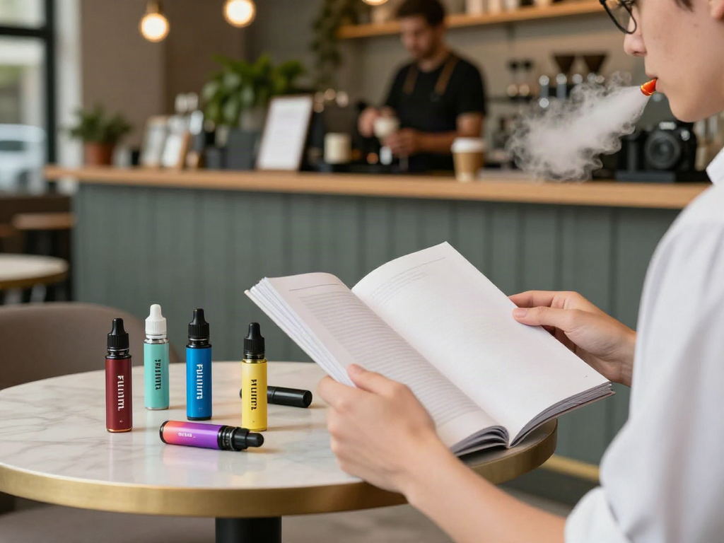 Person enjoying a Flum vape in a stylish café setting with e-juice bottles.