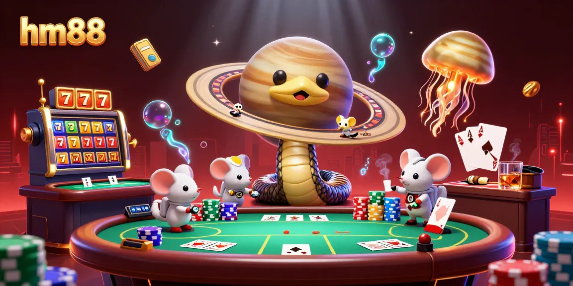 Spin the reels at hm88 with a vibrant 3D depiction of casino excitement, featuring slot machines and playful astronaut mice.