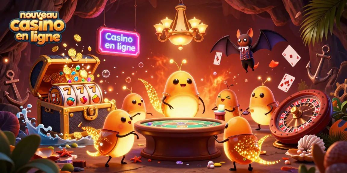 Illustration d'un nouveau casino en ligne avec des vers luisants et un dealer chauve-souris illuminant une table de jeu.
