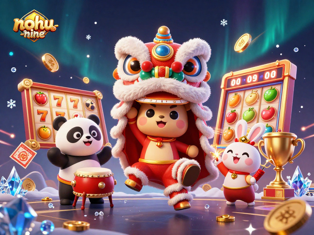 Nohunine features an exciting Chinese New Year lion dance alongside slot game elements, enhancing the festive gambling atmosphere.