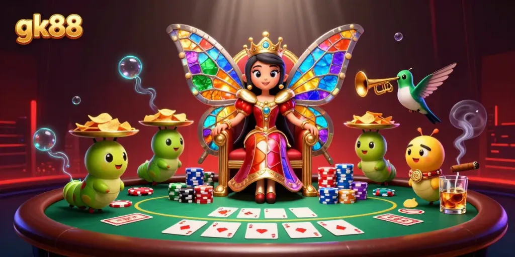 Experience the allure of gk88 with a vibrant 3D cartoon scene showcasing a butterfly queen and poker elements.