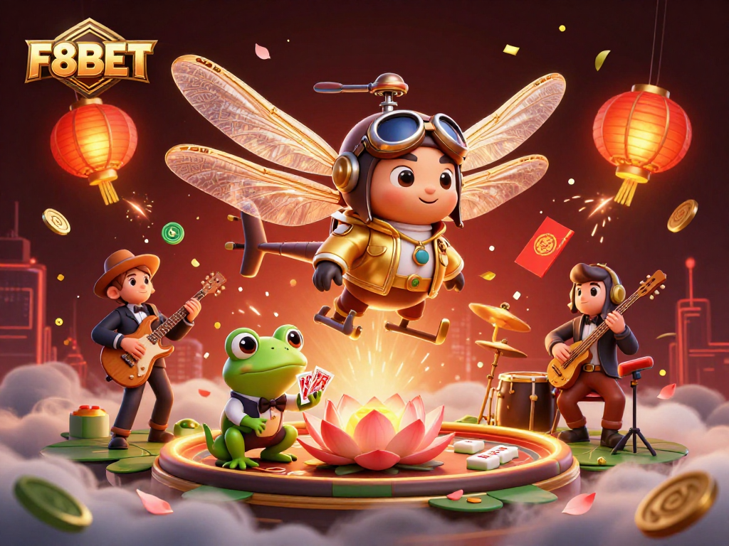 Engage with F8BET's vibrant casino scene featuring a dragonfly pilot, frog croupier, and jazz musicians.