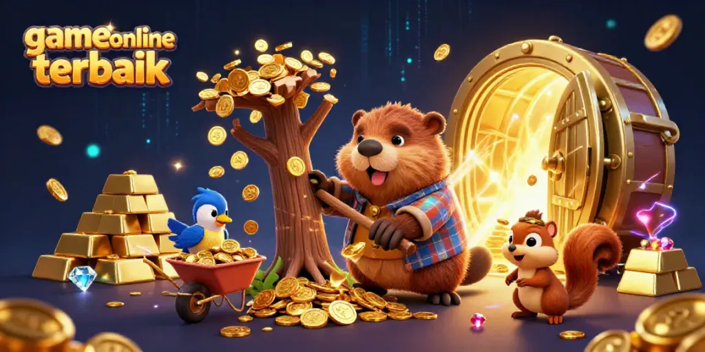 Engage in thrilling game online terbaik action as the lumberjack beaver collects golden coins in a dynamic casino scene.