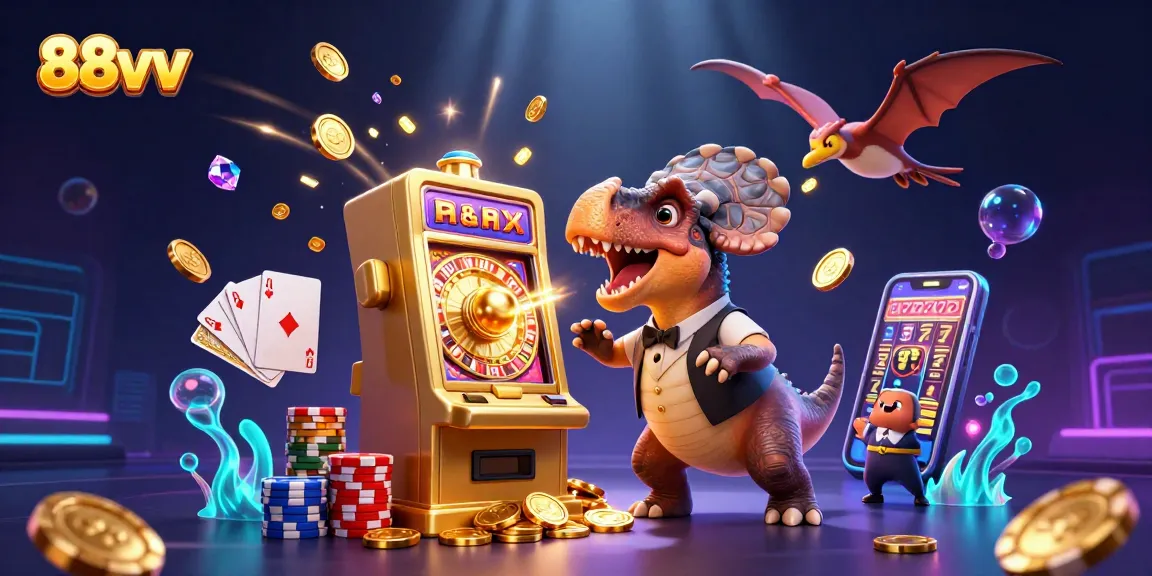 Experience 88vv casino excitement as a cartoon dinosaur headbutts a slot machine for a jackpot!