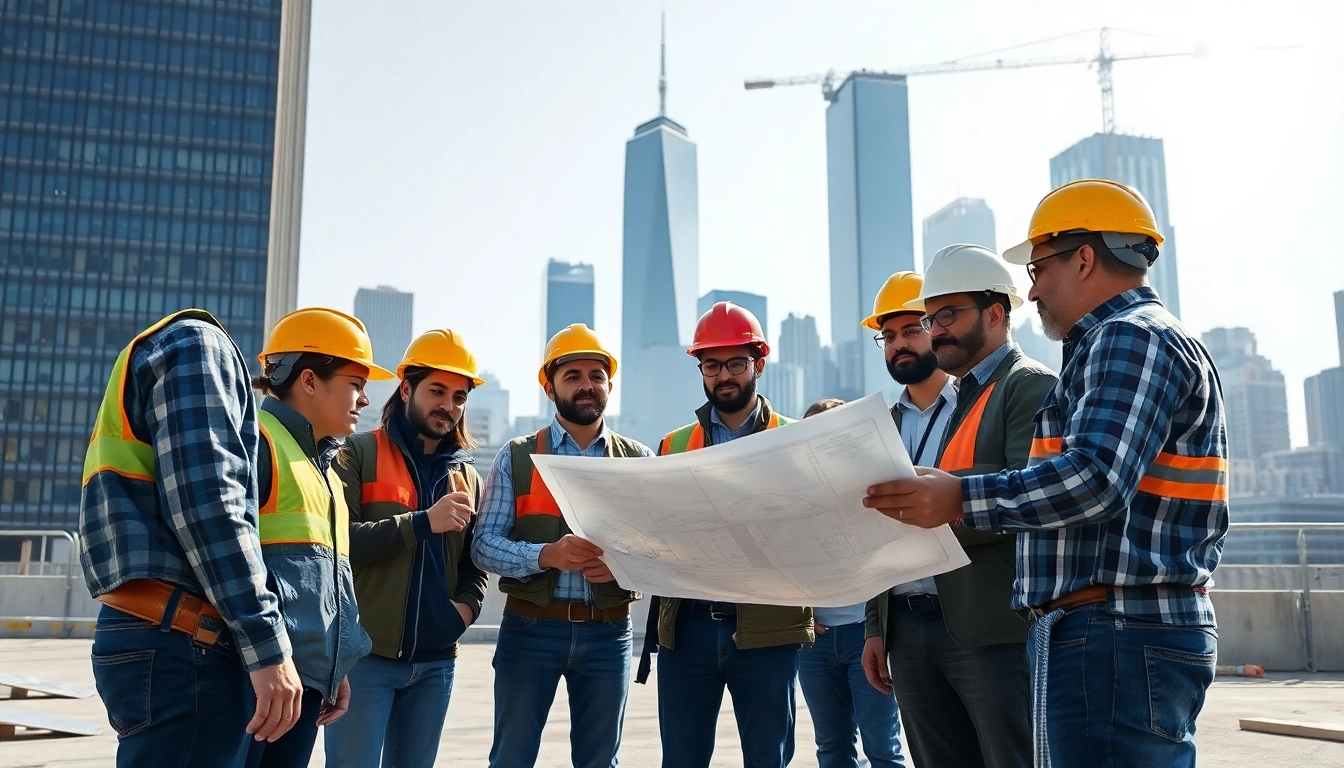 Manhattan General Contractor team collaborating on a construction plan in front of the skyline.