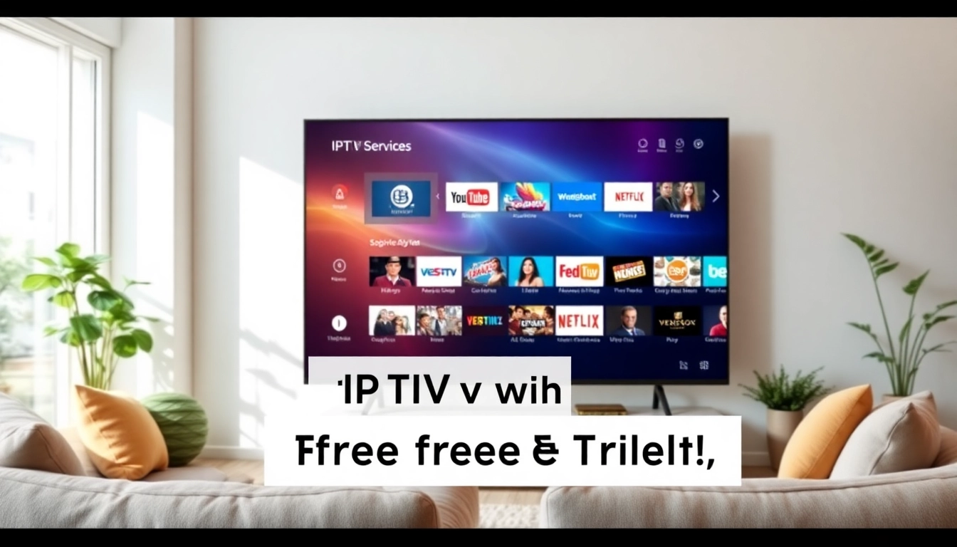 Engaging IPTV free trial interface on a modern TV, vibrant channels, and a cozy living room setting.
