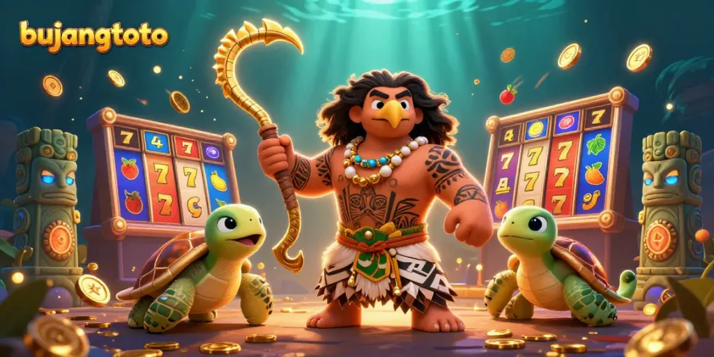 Bujangtoto slot gaming scene featuring Polynesian demigod and turtle amidst dynamic elements.