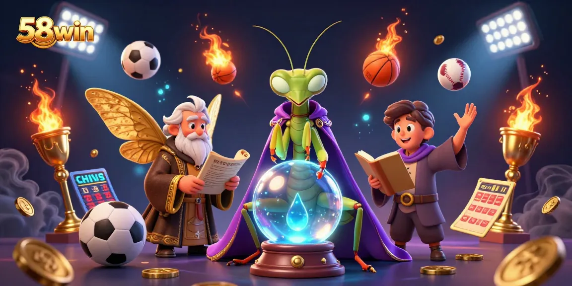 Bet on 58win with a vibrant casino scene featuring sports balls, a fortune teller, and mystical elements.