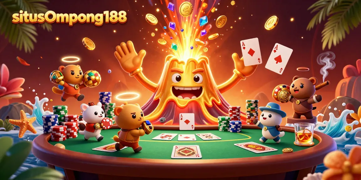 Visualisasi kasino situs Ompong188 yang menunjukkan pegunungan emas dan karakter sedang membawa harta karun.