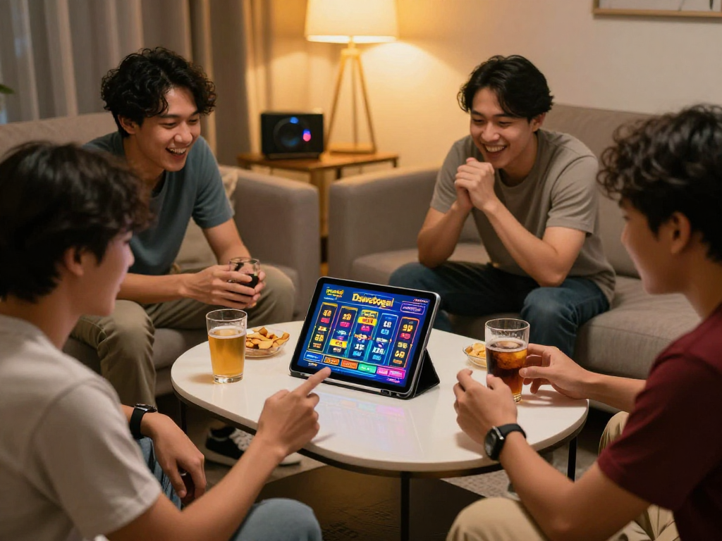 Dewatogel online gaming scene with friends enjoying a Togel game, lively atmosphere.