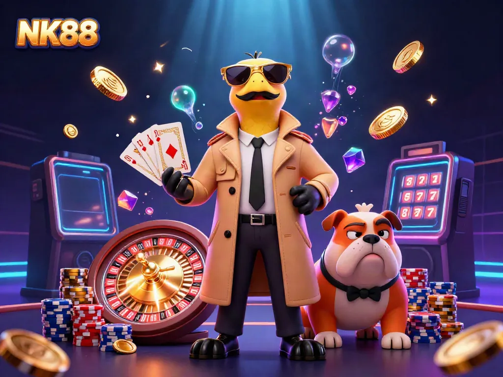 Engaging raptors disguised as a tall person entering a casino, illustrated in vibrant detail, showcasing NK88.