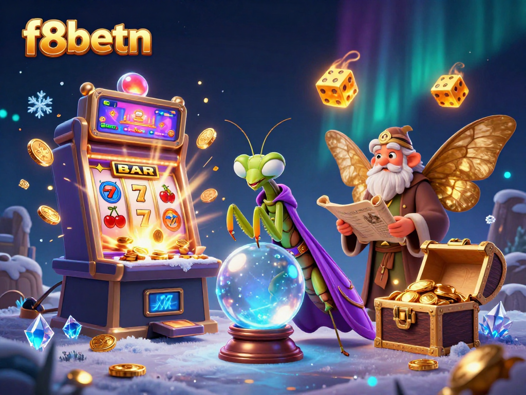 Engage with f8betn's vibrant casino world, featuring a lively slot machine and characters in a magical scene.