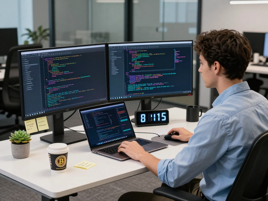 Developer coding at a modern workspace utilizing acrossprotocol for efficient cross-chain transactions.