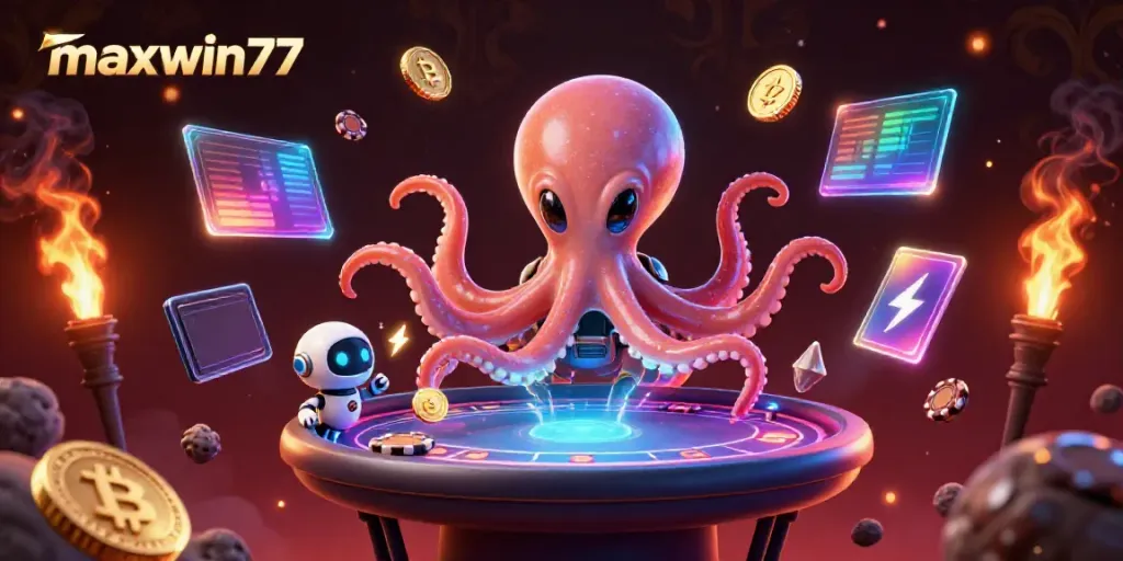Experience the thrilling atmosphere of maxwin77's casino universe with alien characters and crypto coins interacting.