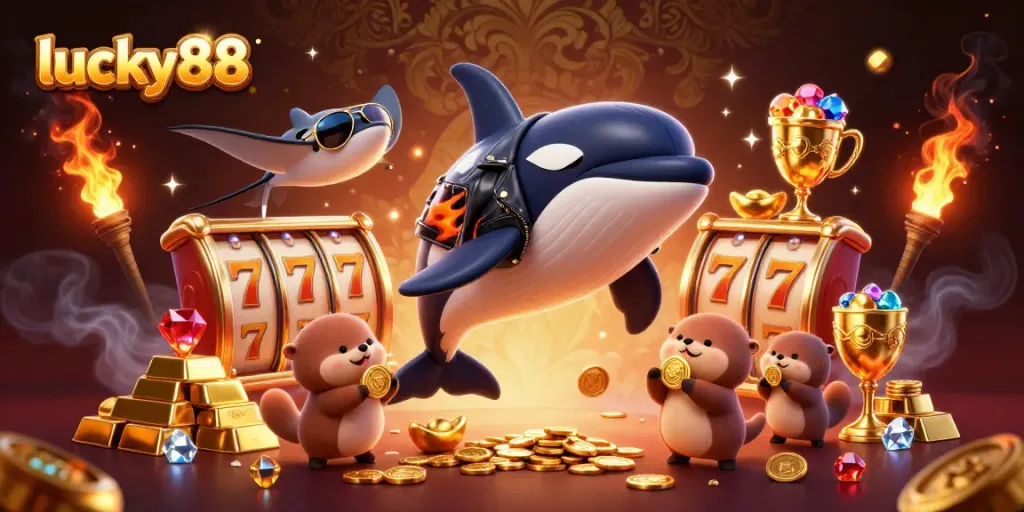 Experience thrilling wins at lucky88 as cartoon characters celebrate with golden coins in a vibrant casino scene.