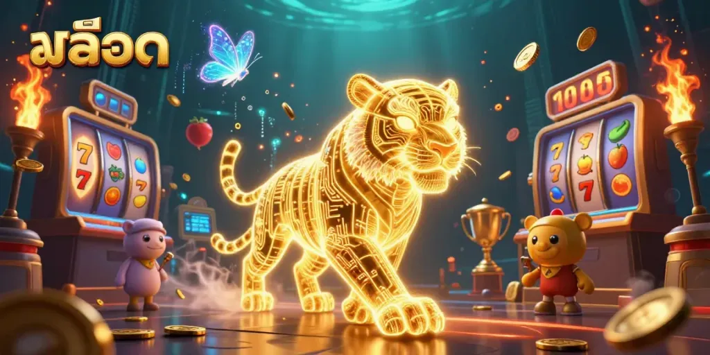 Engage in thrilling สล็อต gameplay as the golden tiger illuminates the digital casino scene with energy.