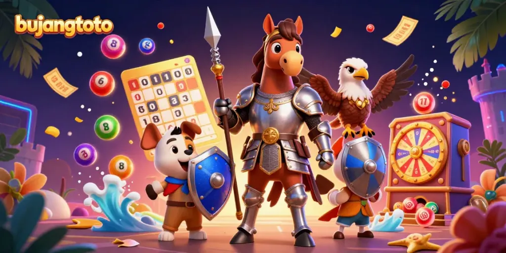 Bujangtoto offers a vibrant lottery experience with a knight, squire, and falcon amid colorful elements.