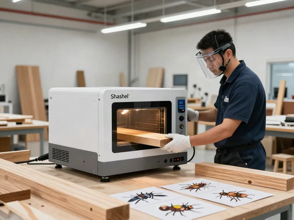 Shashel® microwave device in action for chemical-free wood pest elimination in a modern workshop.