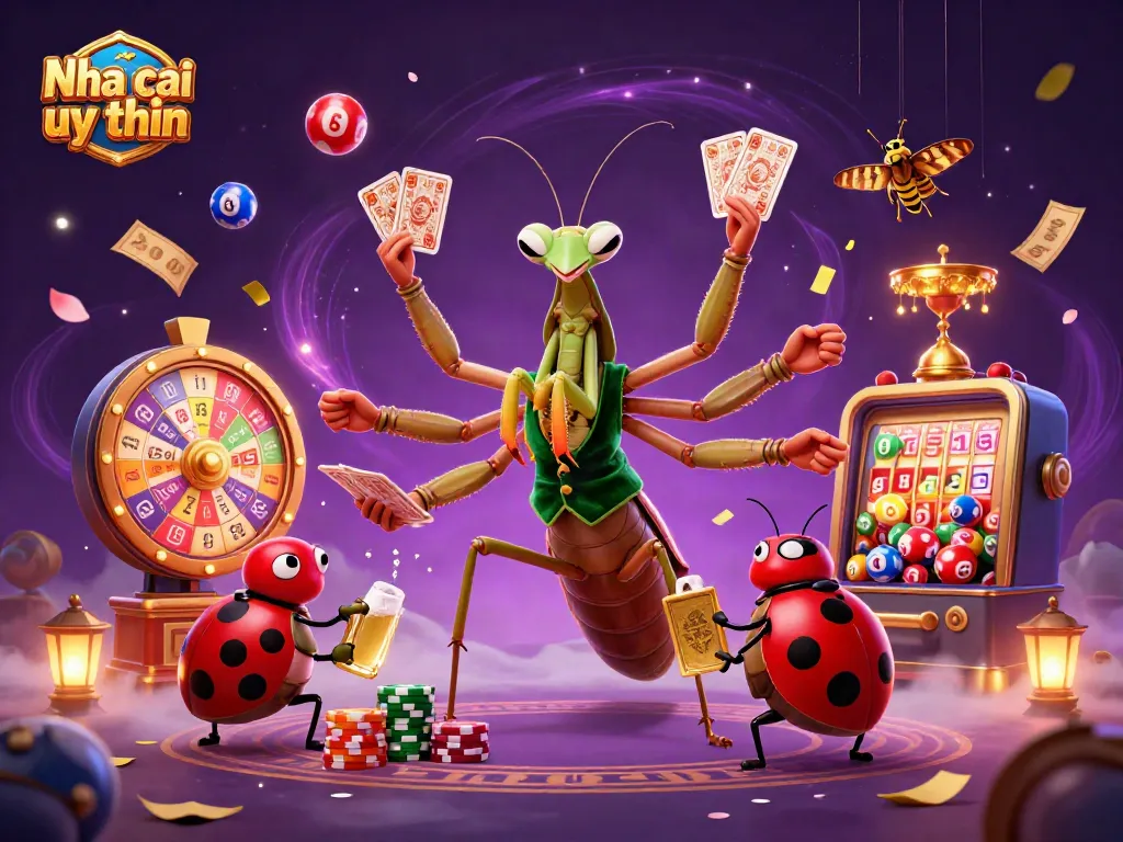 Nha cai uy tin showcases a vibrant casino scene with colorful lottery balls and dynamic gaming elements.