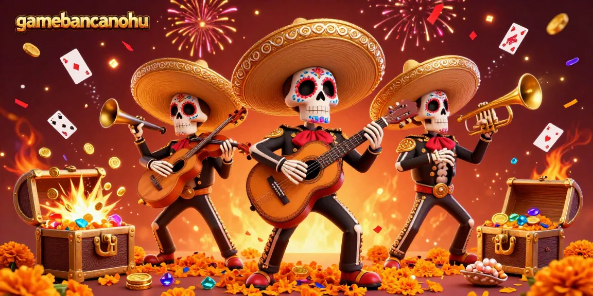 The vibrant scene of gamebancanohu features a mariachi band amidst treasure chests, cards, and festive decorations.