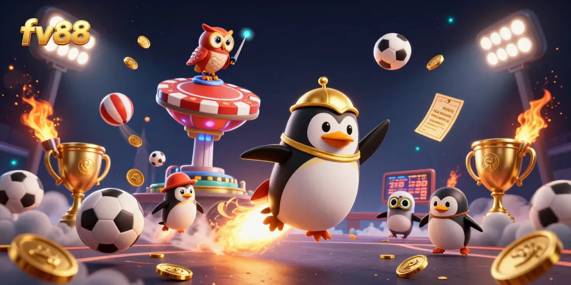 Experience the excitement of sports betting with FV88, featuring a golden penguin and dynamic game elements.