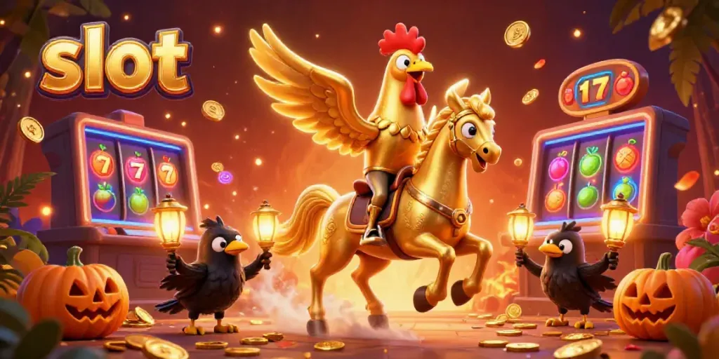 Slot berpadu imajinasi dengan anak ayam emas dan kuda hantu dalam suasana kasino malam yang semarak.