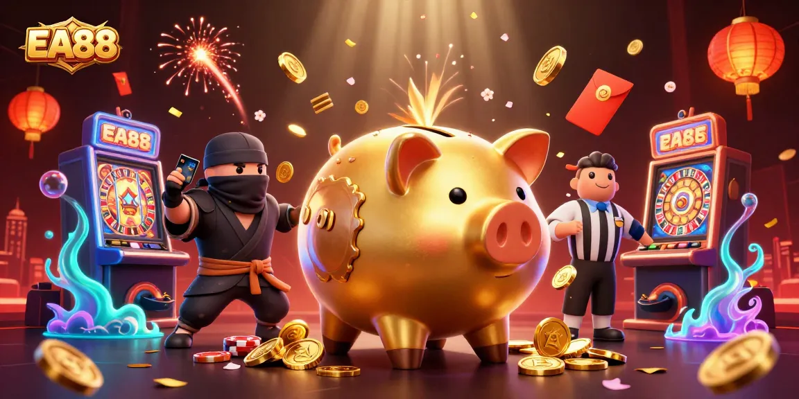 EA88 showcases a dynamic 3D scene of a golden piggy bank sumo wrestler surrounded by casino elements, celebrating the thrill of gaming.