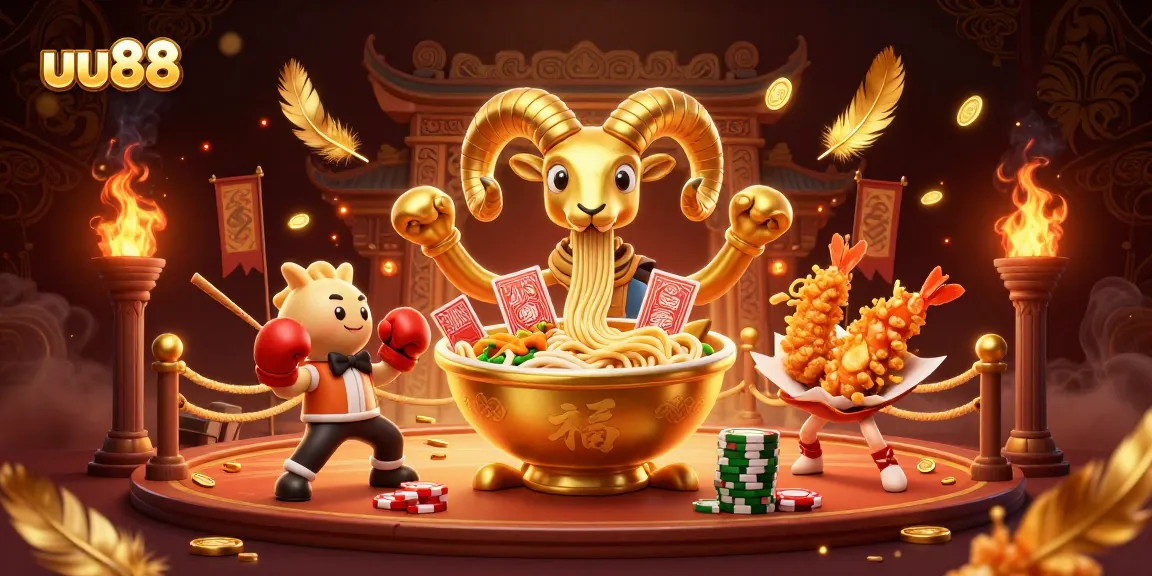 uu88 offers thrilling gaming with a golden ramen bowl dealing cards in an energetic casino scene