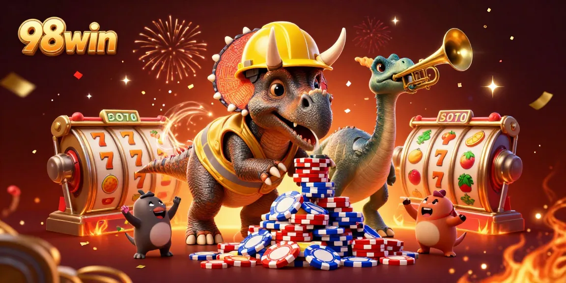 Celebrate wins at 98win with a vibrant 3D casino illustration featuring dynamic poker chip action.