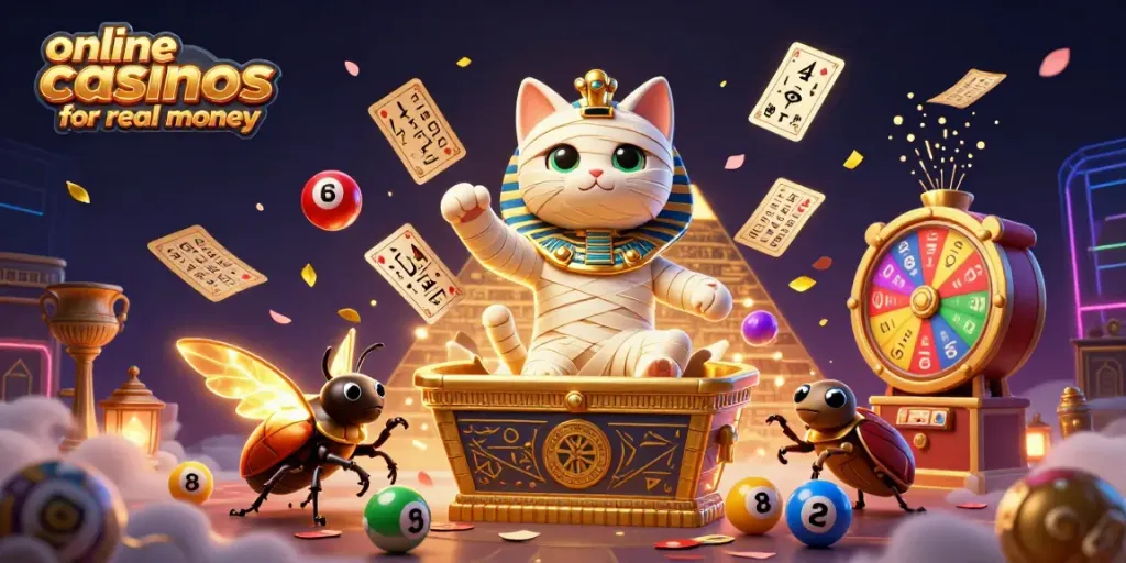 Engage with online casinos for real money through a vibrant scene featuring a 3D mummy cat and casino elements.